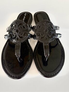 Circus by Sam Edelman Canyon Black Patent Slide Sandals with Logo Cutout
